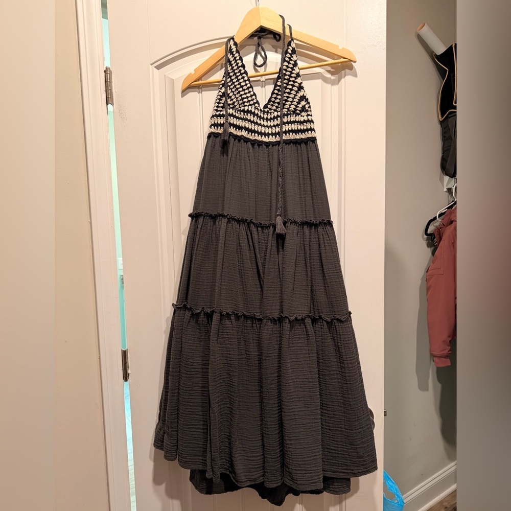 Lucky brand Black Tiered Maxi Dress with Crochet Bodice
